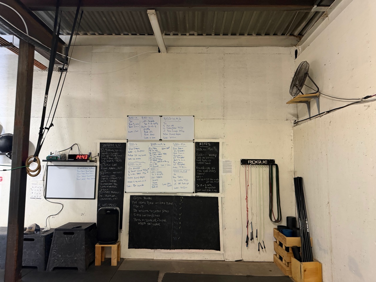 The MetCon room looking from the back to the wall with workout details